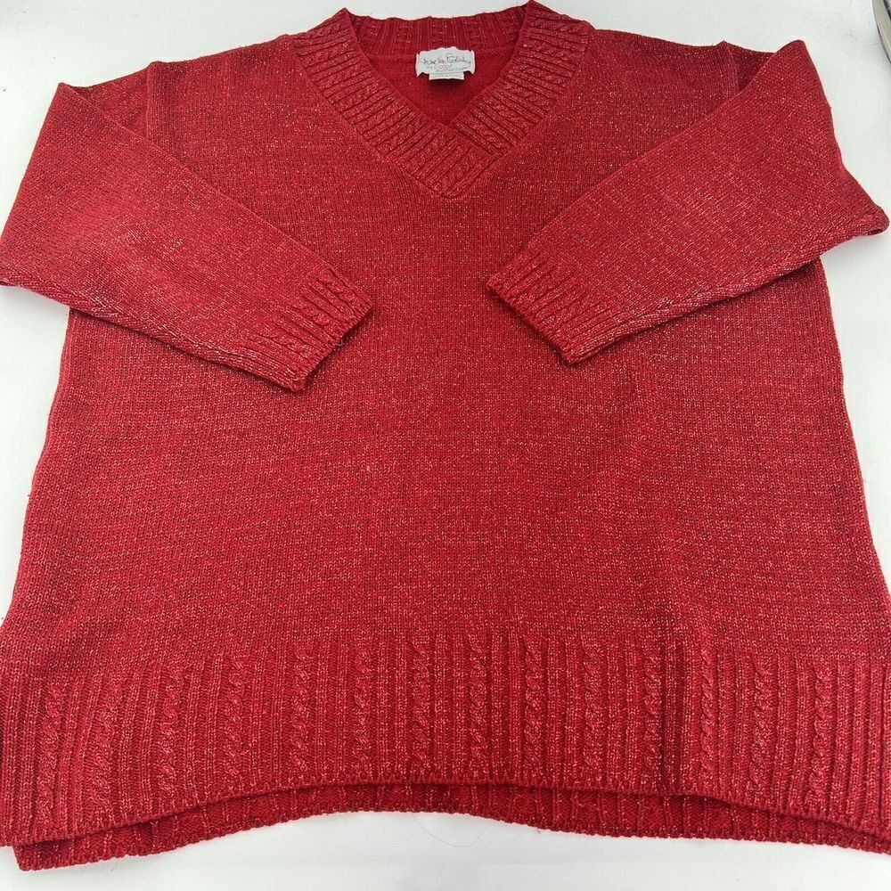 Diane von Furstenberg Vintage Tunic Sweater Red Sparkle V Neck Pullover Size 2X